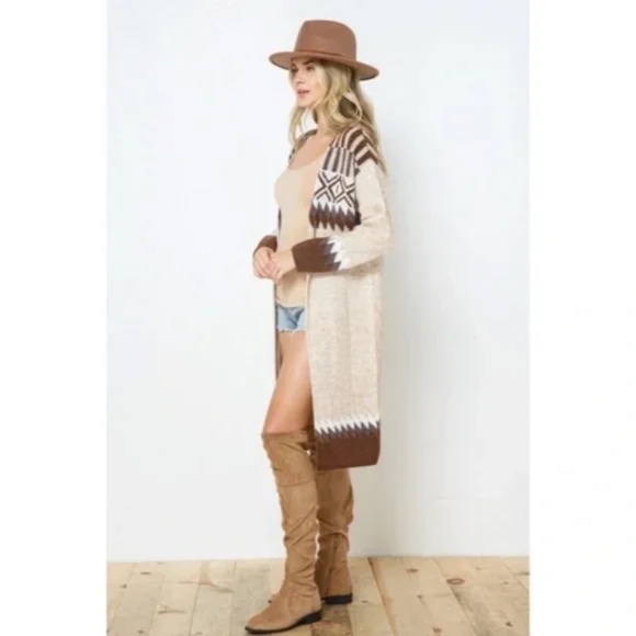Taupe & Brown Aztec Tribal Western Boho Long Open Knit Cardigan Casual Sweater - Picture 6 of 8